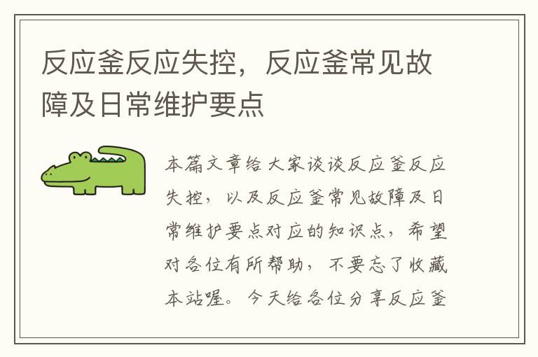 反应釜反应失控，反应釜常见故障及日常维护要点