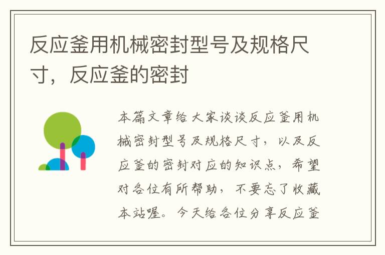 反应釜用机械密封型号及规格尺寸，反应釜的密封