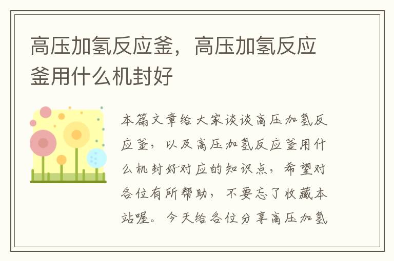 高压加氢反应釜，高压加氢反应釜用什么机封好