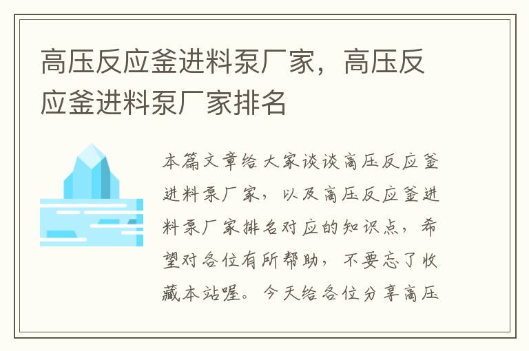 高压反应釜进料泵厂家，高压反应釜进料泵厂家排名